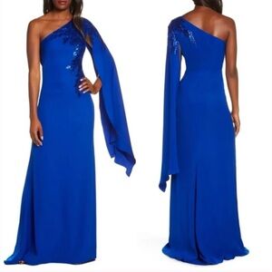 Tadashi Shoji One Shoulder Royal Blue Sequin Cape Sleeve Dress size 10